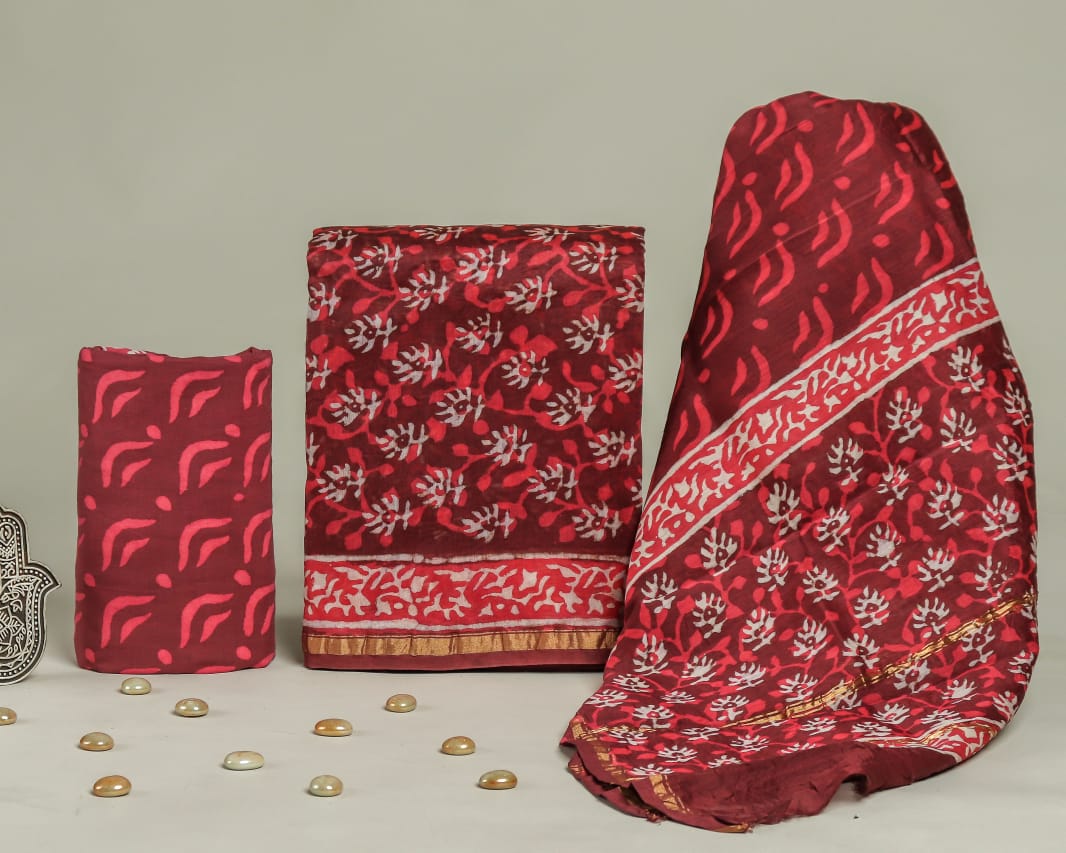 HANDBLOCK CHANDERI SILK SUIT WITH COTTON BOTTOM & CHANDERI DUPATTA