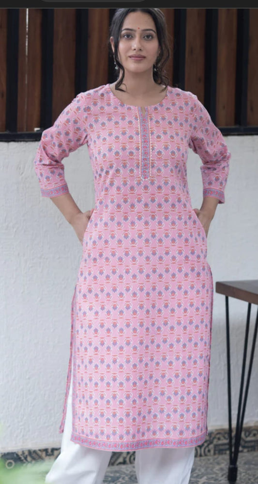 Pink Buti Print Cotton Kurti With 2 Pocket In Sanganeri Print