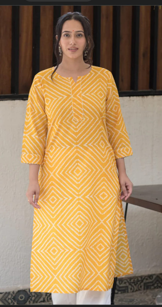 Yellow Bandhej Print Cotton Kurti With 2 Pocket In Sanganeri Print
