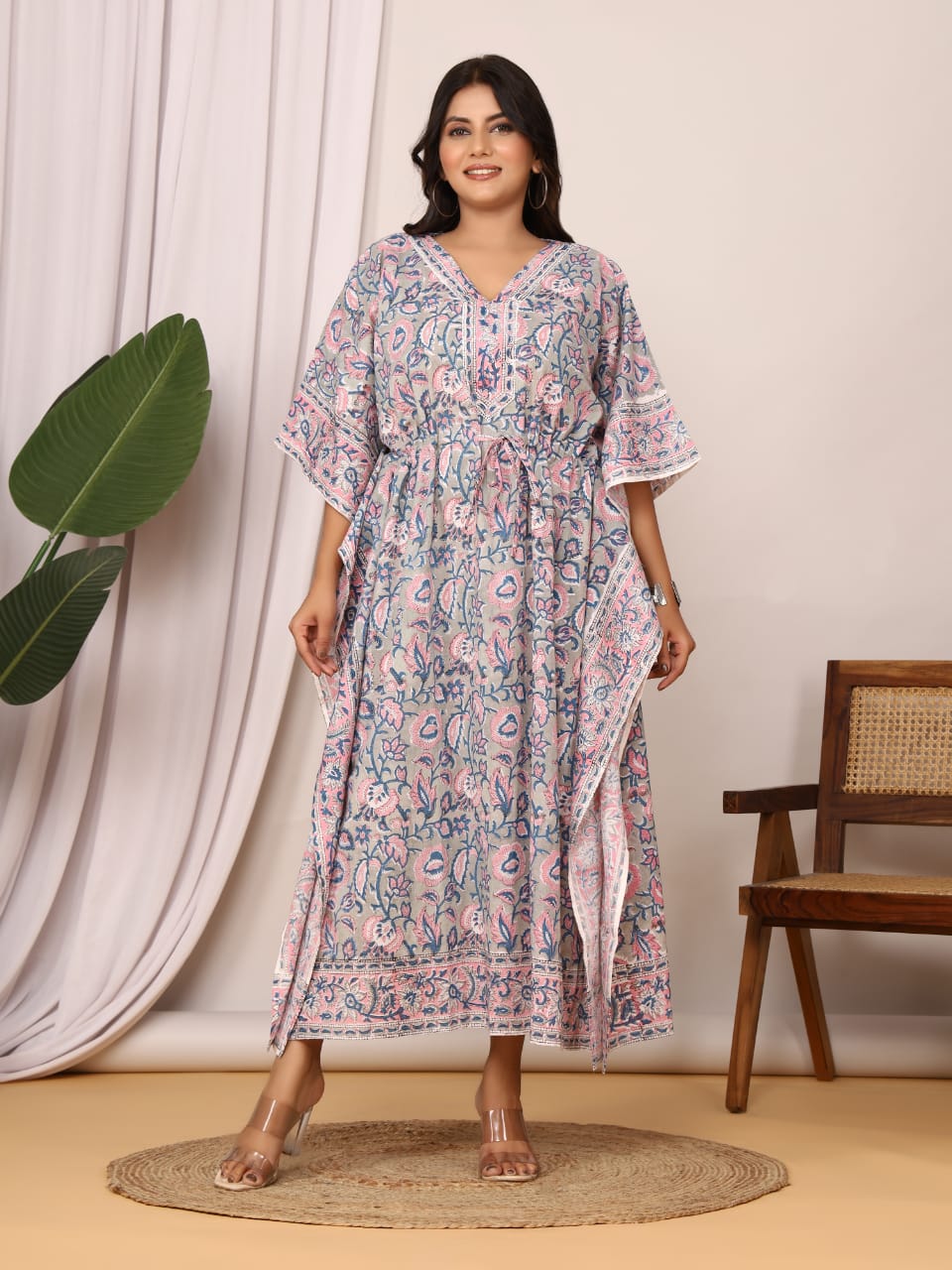 BLEW WITH PINK FLORAL SANGANERI PRINTED KAFTAN