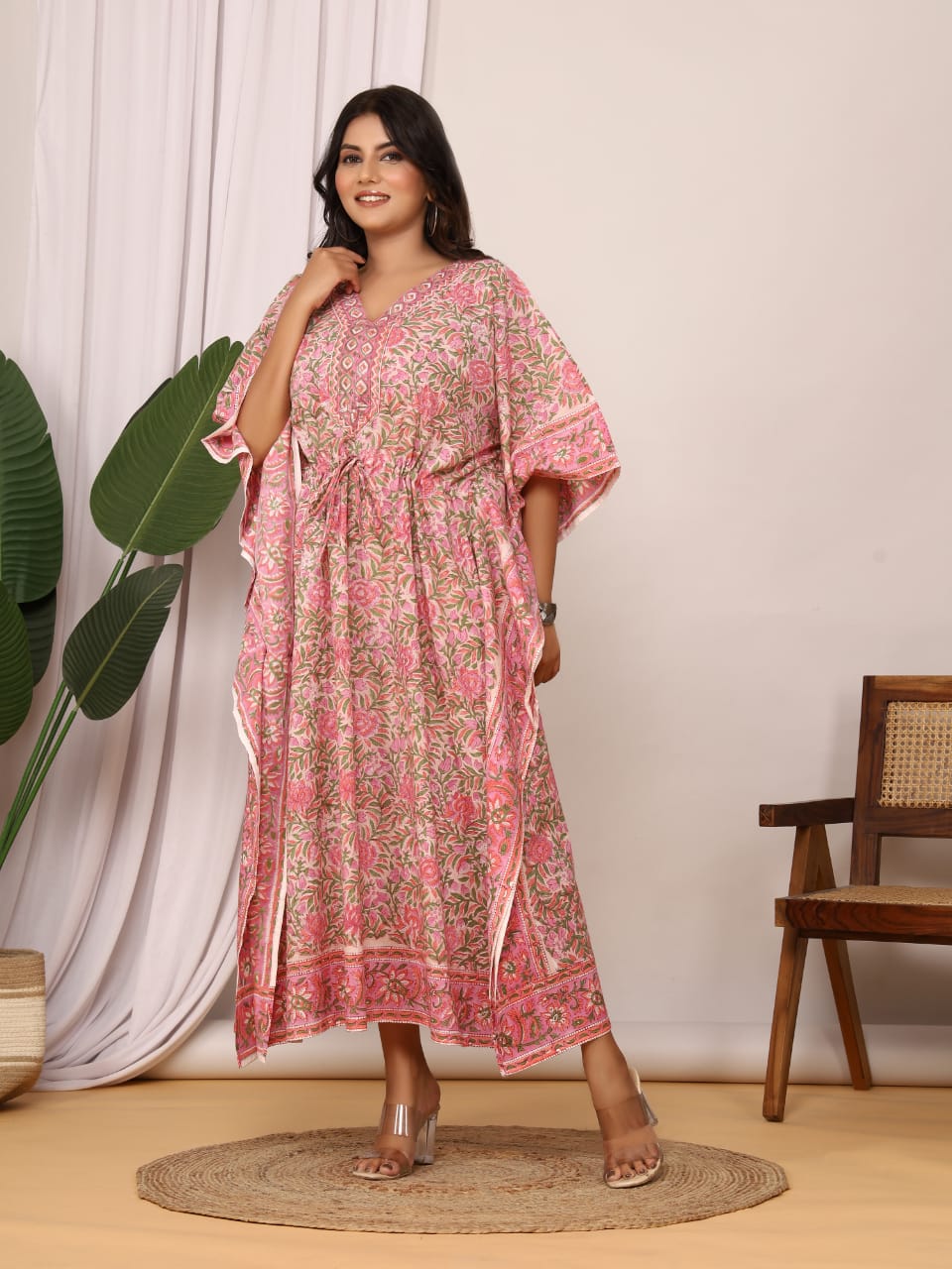Pink Flower Sanganeri Print Kaftan