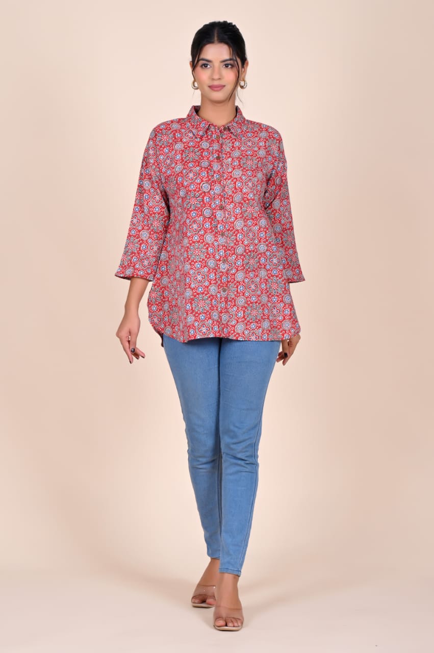 Red Floral Mandala Cotton Shirt Top