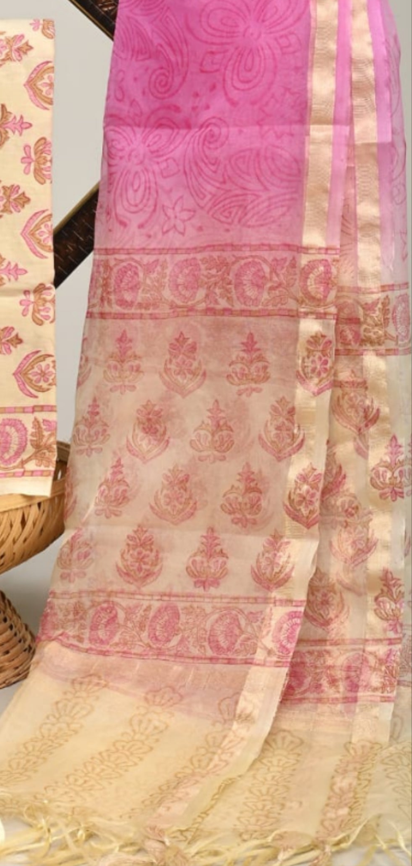 Royal look off white Cotton Suit With Organza Dupatta