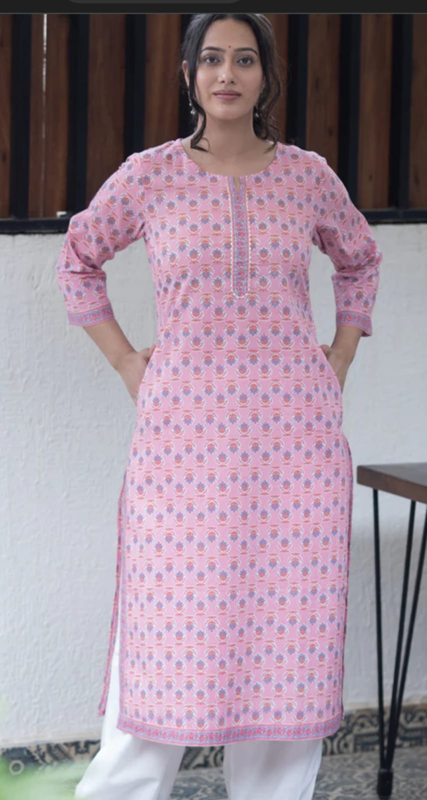 Pink Buti Print  Cotton Kurti With 2 Pocket In Sanganeri Print