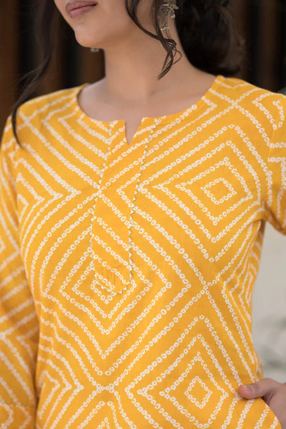 Yellow Bandhej Print  Cotton  Kurti With 2 Pocket In Sanganeri Print