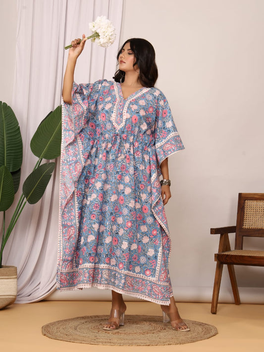 Light Blew With White Floral Sanganeri Print Kaftan