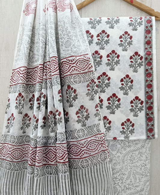 Floral Unstiched Sanganeri Print Cotton Suit  With Cotton Dupatta