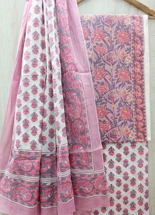 Floral Unstiched Sanganeri Print Cotton Suit  With Cotton Dupatta
