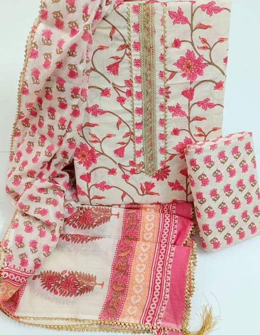 Jaipur Printed Pure Cotton Suit With Gota Tie Hand Work