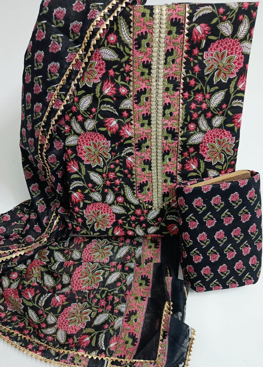 Jaipur Printed Pure Cotton Suit With Gota Tie Hand Work