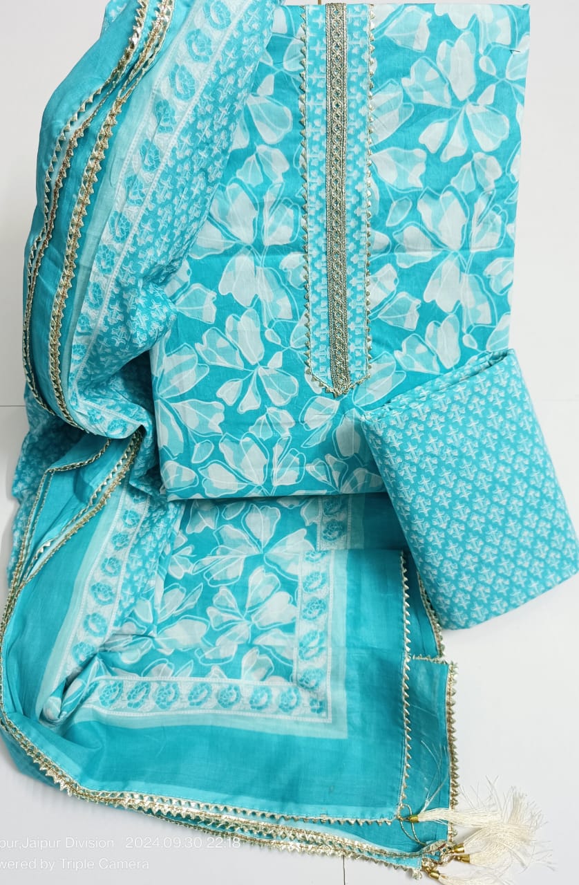 Jaipur Printed Pure Cotton Suit With Gota Tie Hand Work