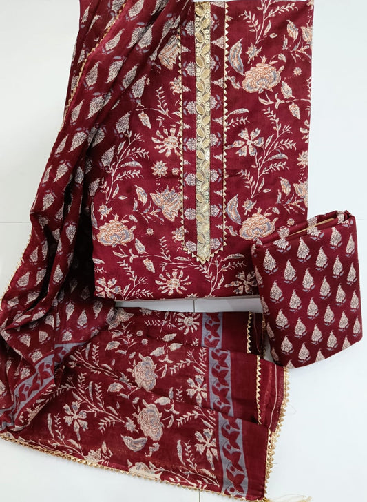 Jaipur Printed Pure Cotton Suit With Gota Tie Hand Work