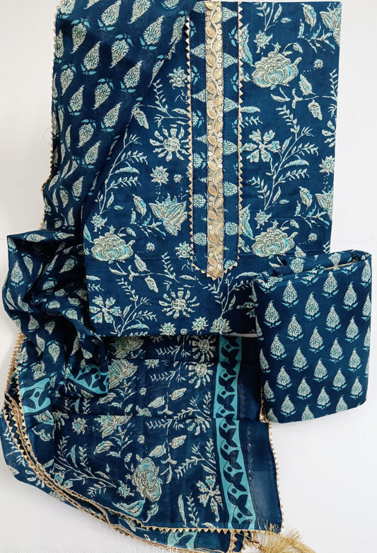 Jaipur Printed Pure Cotton Suit With Gota Tie Hand Work