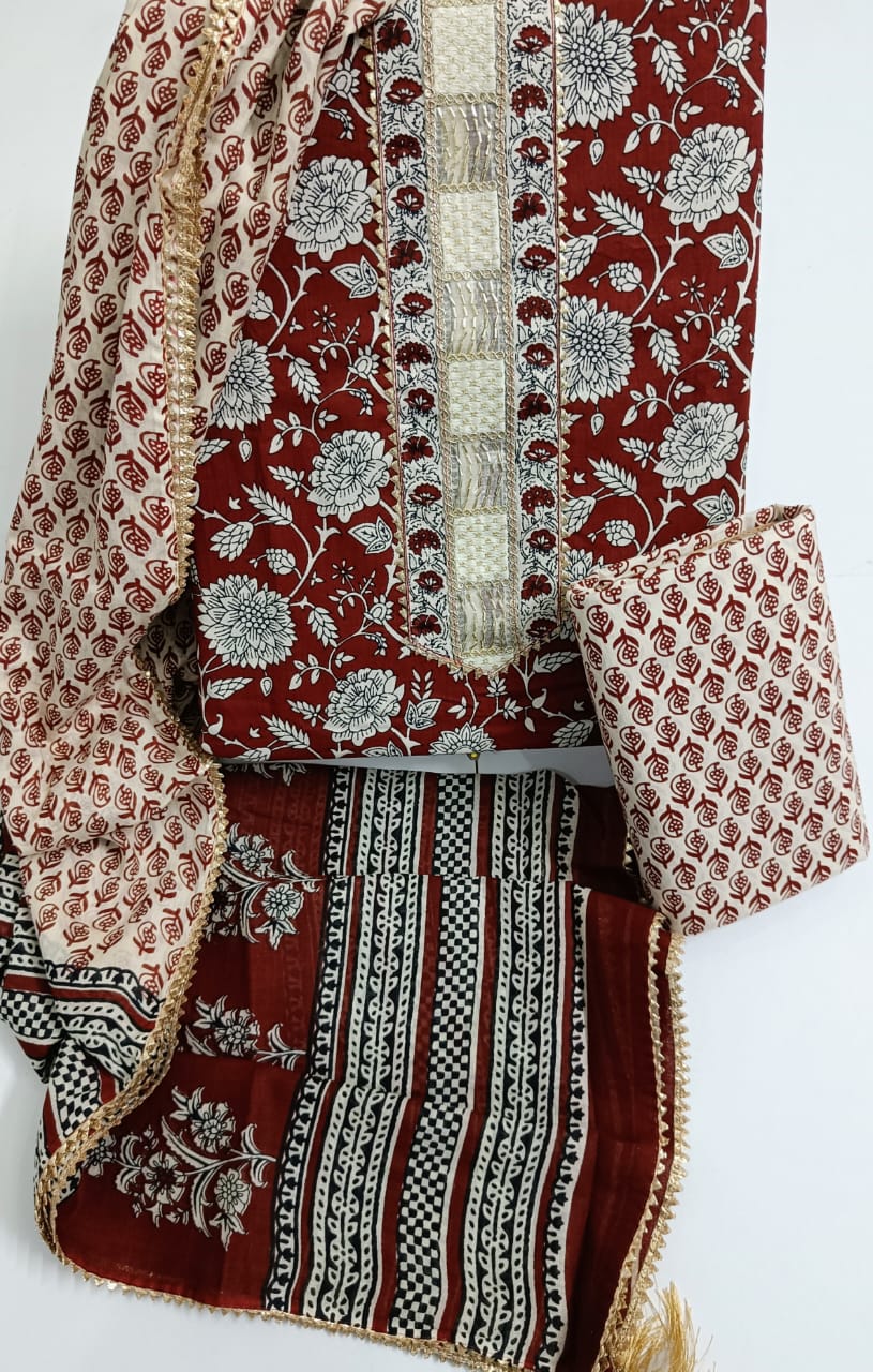 Jaipur Printed Pure Cotton Suit With Gota Tie Hand Work