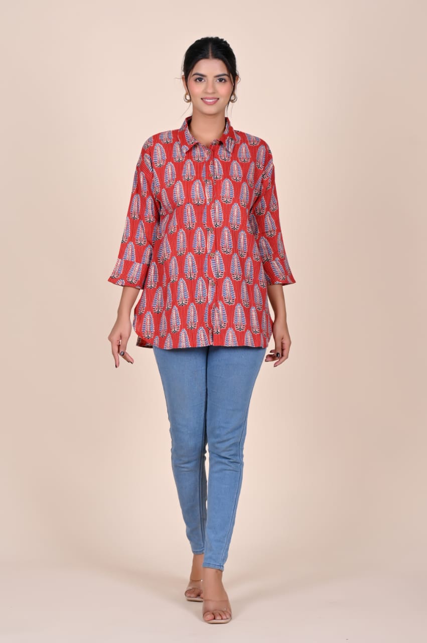 Red Leaf-Print Cotton Shirt Top