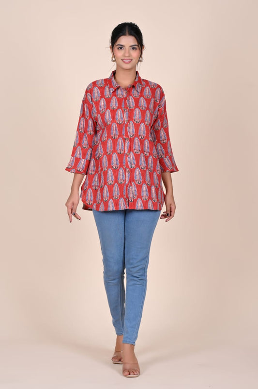 Red Leaf-Print Cotton Shirt Top