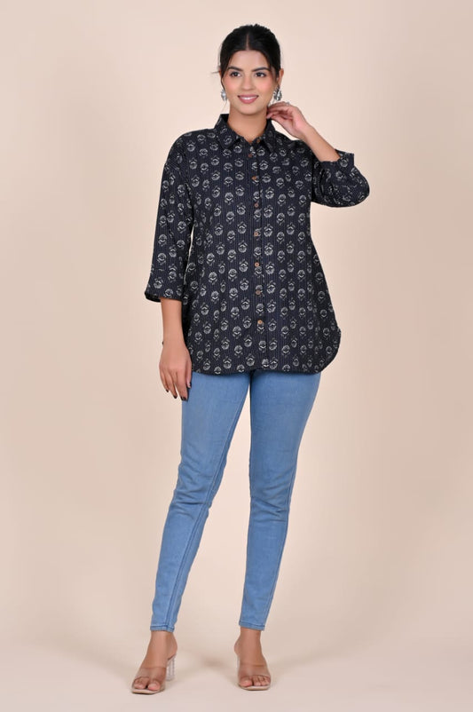Black Floral Pinstripe Cotton Shirt Top