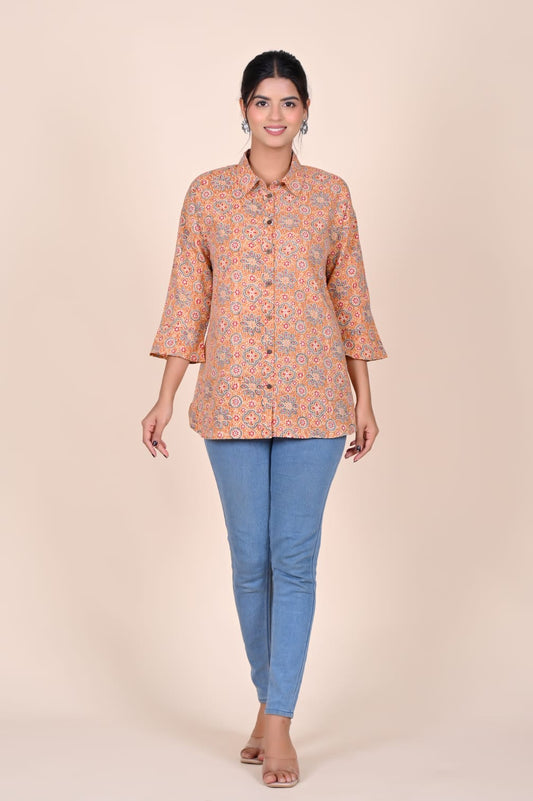 Peach Mosaic Print Cotton Shirt Top
