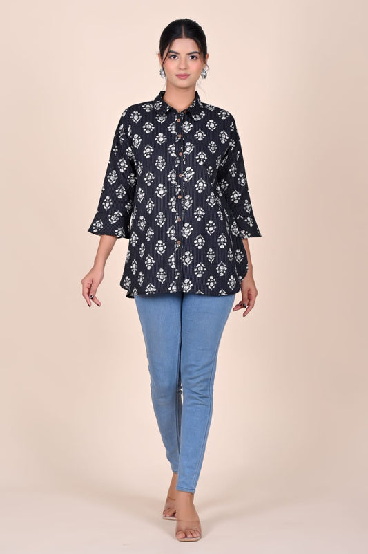 Black Print Cotton Shirt Top