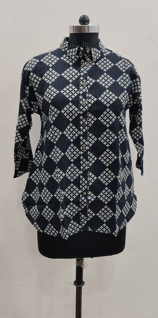 Monochrome Diamond Print Cotton Shirt Top