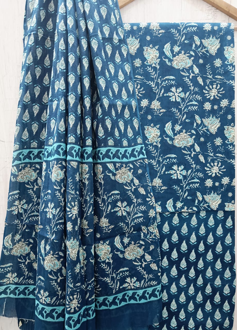 Floral Unstiched Sanganeri Print Cotton Suit  With Cotton Dupatta